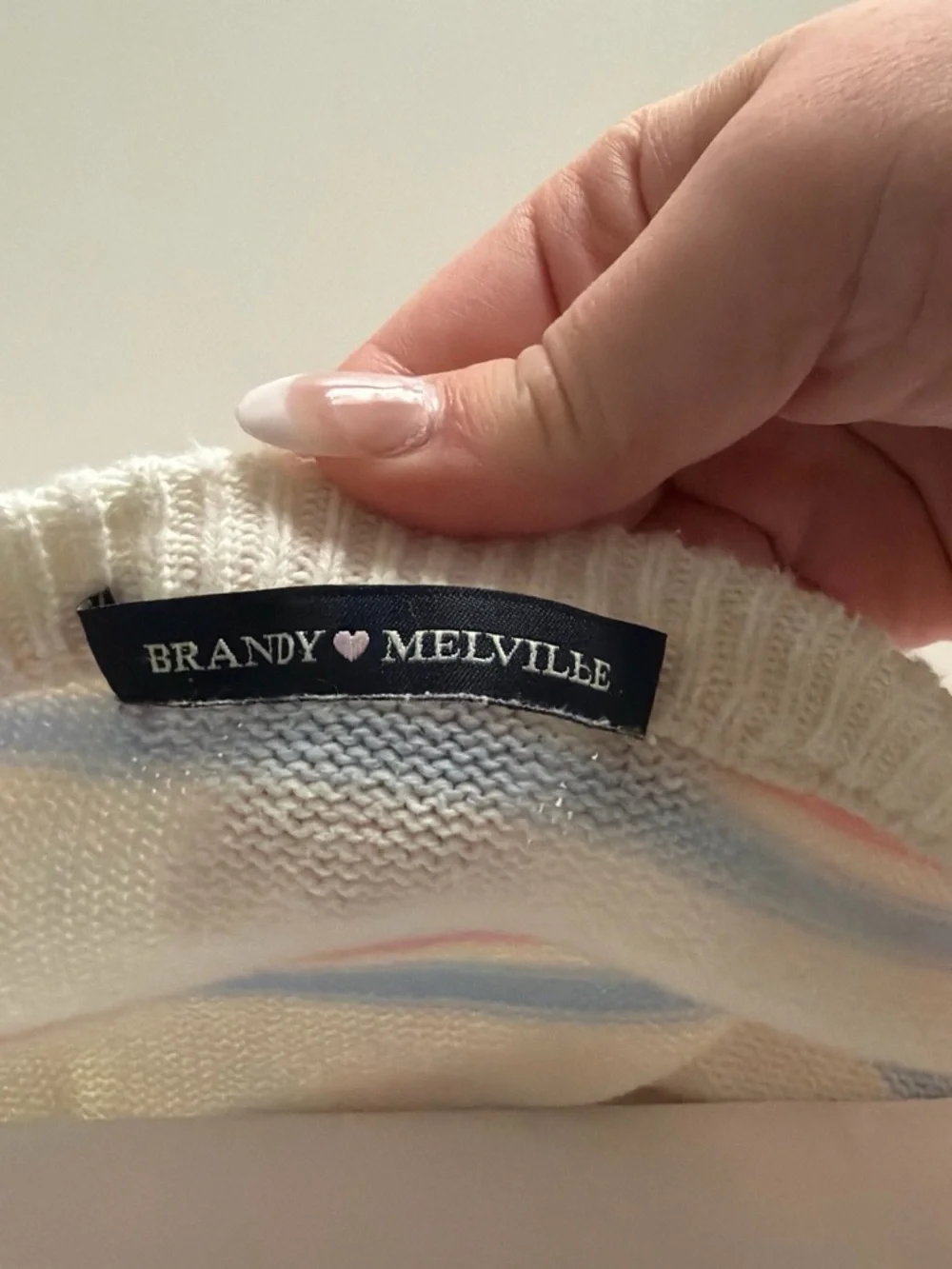 Brandy Melville White Crewneck Sweater with Pink & Light Blue Stripes - Picture 3 of 3